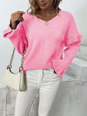 Something Else V-Neck Knit Ruffle Sleeve Sweater-MXSTUDIO.COM