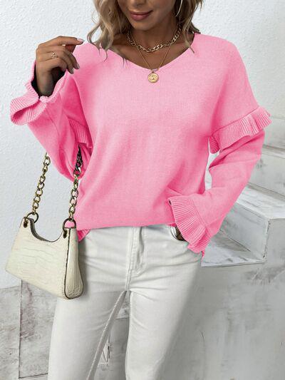 Something Else V-Neck Knit Ruffle Sleeve Sweater-MXSTUDIO.COM