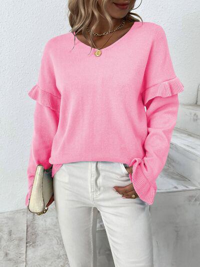 Something Else V-Neck Knit Ruffle Sleeve Sweater-MXSTUDIO.COM