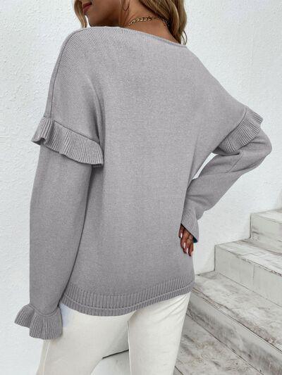 Something Else V-Neck Knit Ruffle Sleeve Sweater-MXSTUDIO.COM