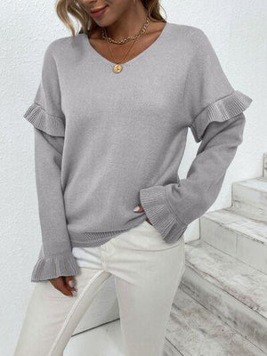 Something Else V-Neck Knit Ruffle Sleeve Sweater-MXSTUDIO.COM