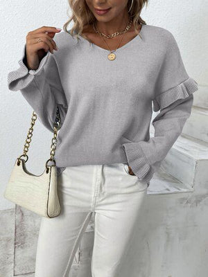 Something Else V-Neck Knit Ruffle Sleeve Sweater-MXSTUDIO.COM