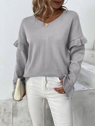 Something Else V-Neck Knit Ruffle Sleeve Sweater-MXSTUDIO.COM