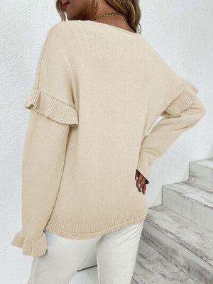 Something Else V-Neck Knit Ruffle Sleeve Sweater-MXSTUDIO.COM