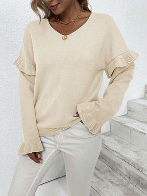 Something Else V-Neck Knit Ruffle Sleeve Sweater-MXSTUDIO.COM