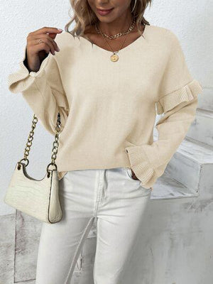 Something Else V-Neck Knit Ruffle Sleeve Sweater-MXSTUDIO.COM