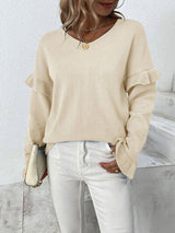 Something Else V-Neck Knit Ruffle Sleeve Sweater-MXSTUDIO.COM