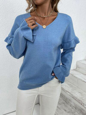 Something Else V-Neck Knit Ruffle Sleeve Sweater-MXSTUDIO.COM