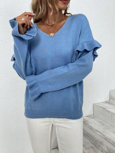 Something Else V-Neck Knit Ruffle Sleeve Sweater-MXSTUDIO.COM