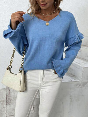 Something Else V-Neck Knit Ruffle Sleeve Sweater-MXSTUDIO.COM