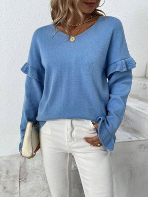 Something Else V-Neck Knit Ruffle Sleeve Sweater-MXSTUDIO.COM