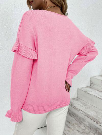 Something Else V-Neck Knit Ruffle Sleeve Sweater-MXSTUDIO.COM