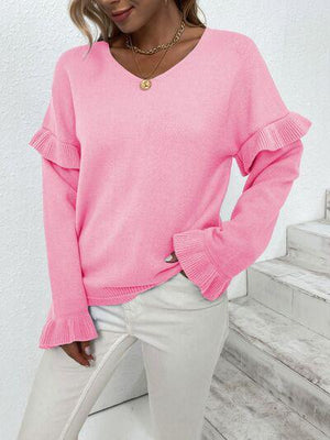 Something Else V-Neck Knit Ruffle Sleeve Sweater-MXSTUDIO.COM