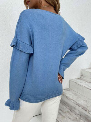 Something Else V-Neck Knit Ruffle Sleeve Sweater-MXSTUDIO.COM