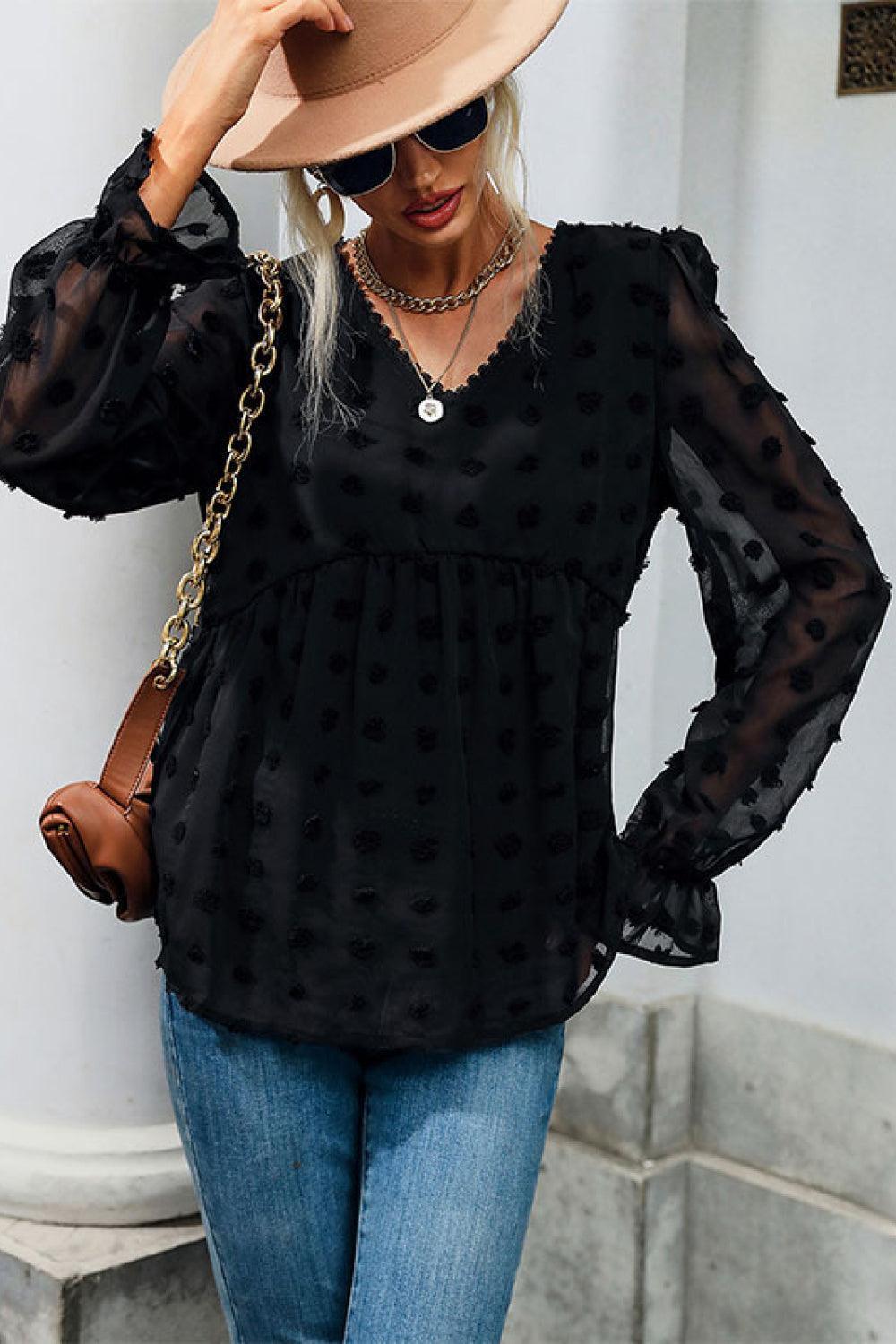 Sophisticated Black Swiss Dot Peplum Blouse - MXSTUDIO.COM