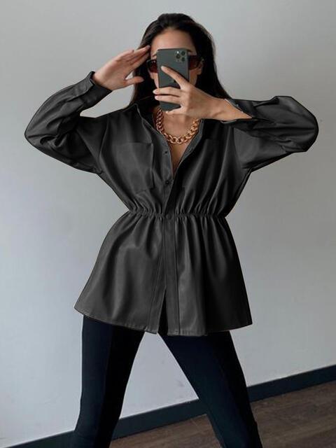 Sophisticated Elastic Waist Faux Leather Jacket - MXSTUDIO.COM