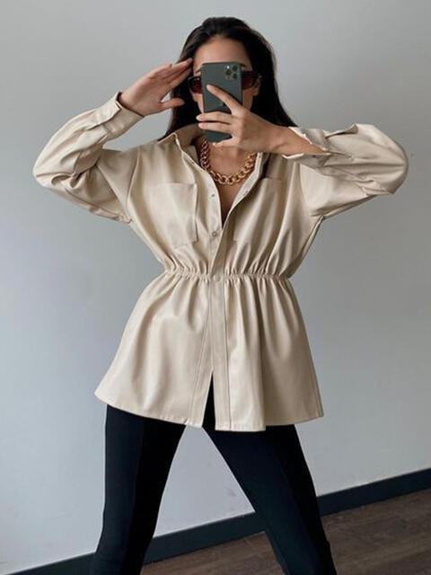 Sophisticated Elastic Waist Faux Leather Jacket - MXSTUDIO.COM