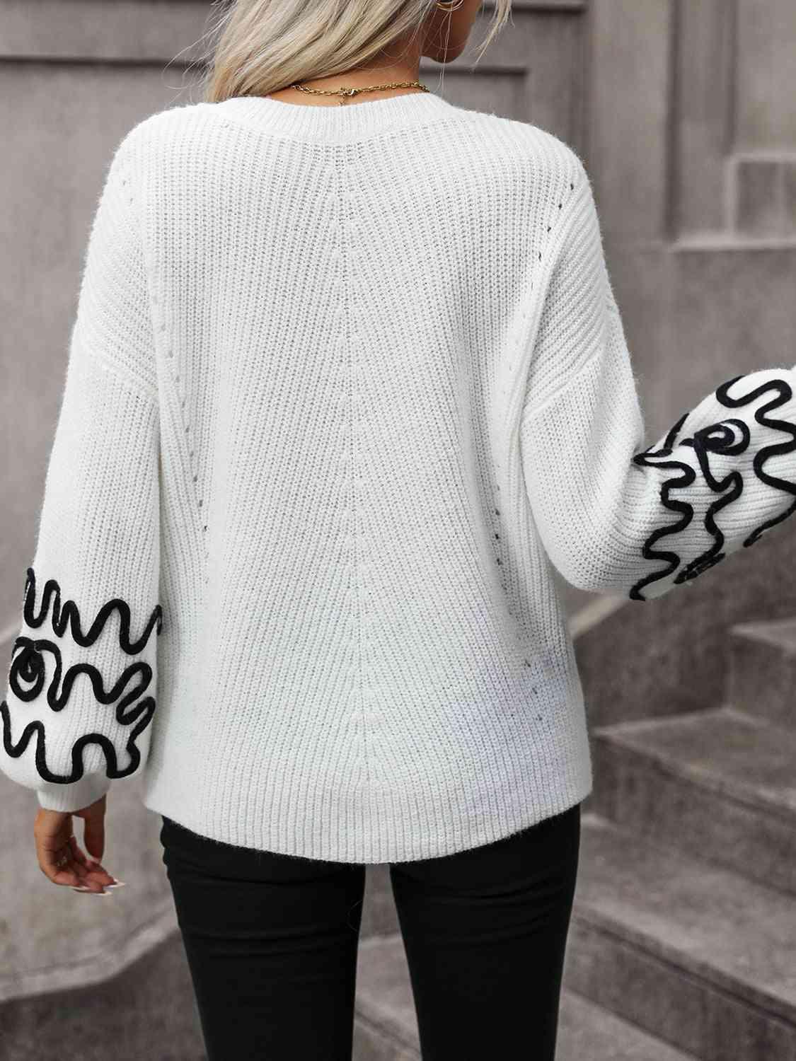 Sophisticated Warmth White Balloon Sleeve Sweater - MXSTUDIO.COM