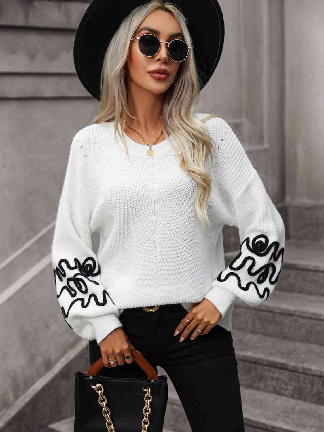 Sophisticated Warmth White Balloon Sleeve Sweater - MXSTUDIO.COM