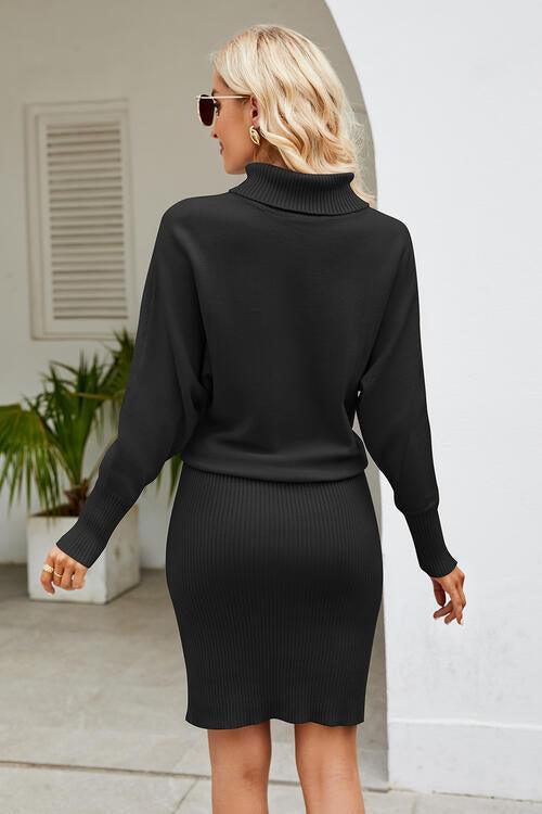 Sophisticatedly Comfy Knit Mock Neck Sweater Dress-MXSTUDIO.COM