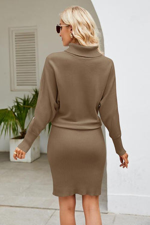 Sophisticatedly Comfy Knit Mock Neck Sweater Dress-MXSTUDIO.COM