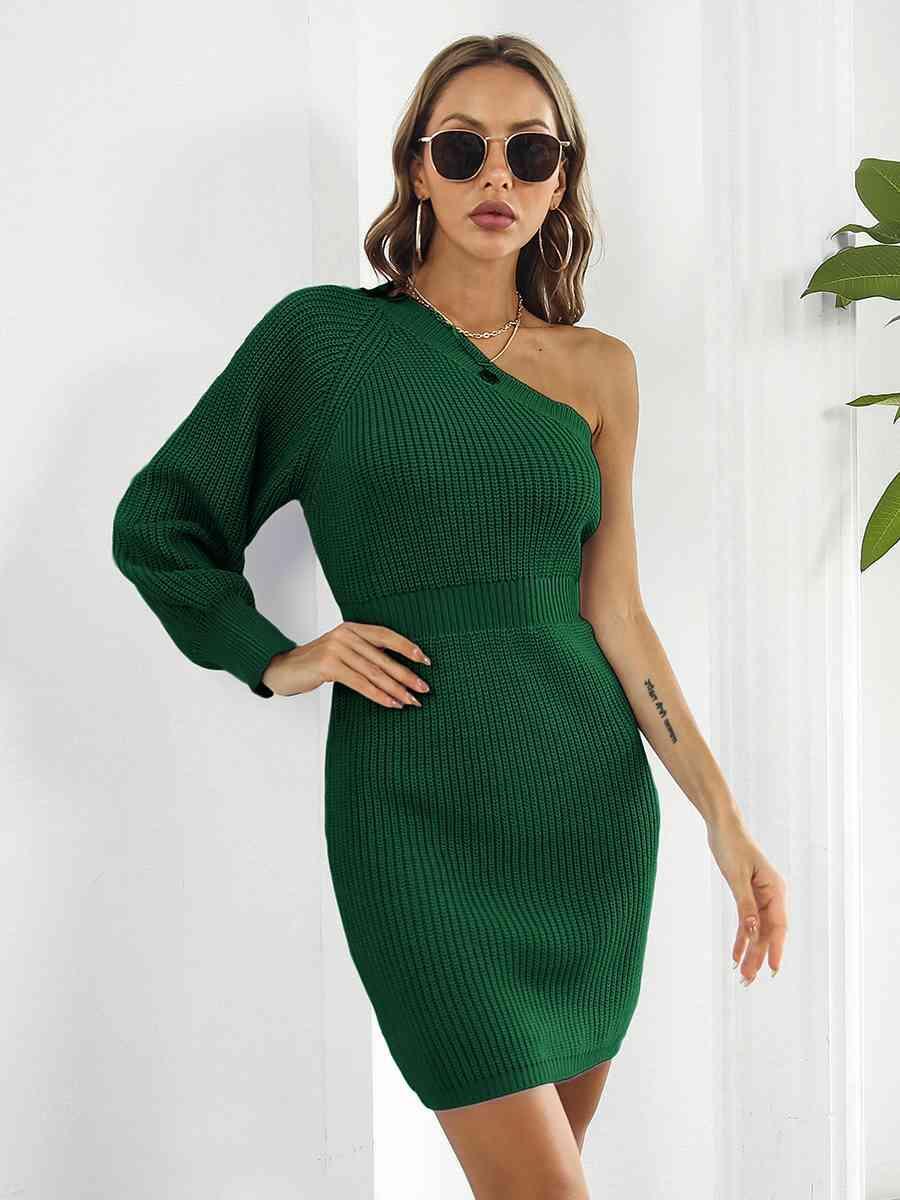 Sophisticatedly Comfy One Shoulder Sweater Dress - MXSTUDIO.COM
