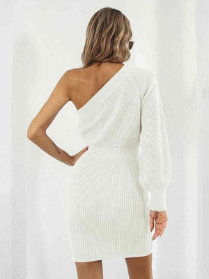 Sophisticatedly Comfy One Shoulder Sweater Dress - MXSTUDIO.COM