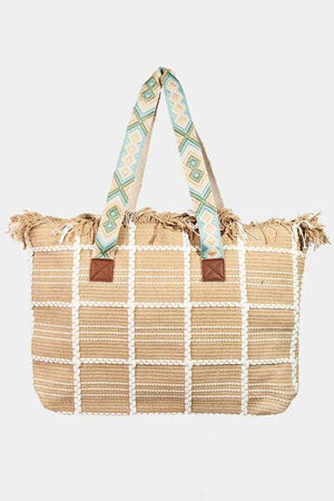 a straw bag with a blue and white handle