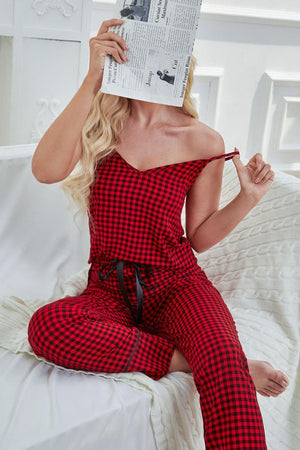 Spaghetti Strap Plaid Cami And Pants Lounge Set - MXSTUDIO.COM