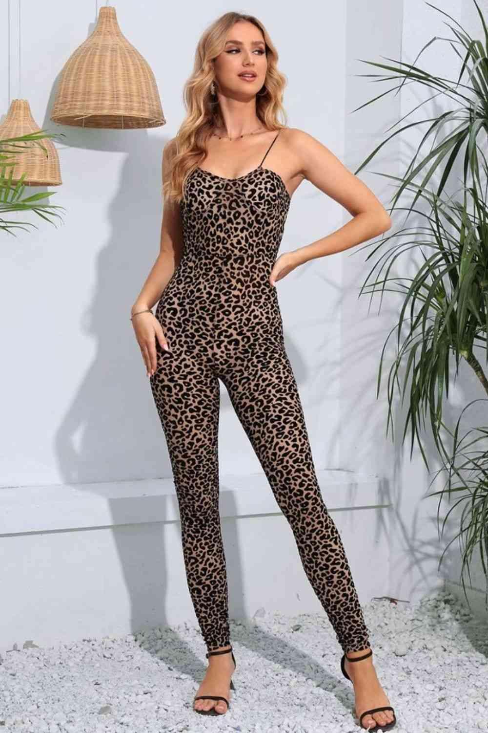 Spaghetti Strap Slim Fit Leopard Print Jumpsuit - MXSTUDIO.COM