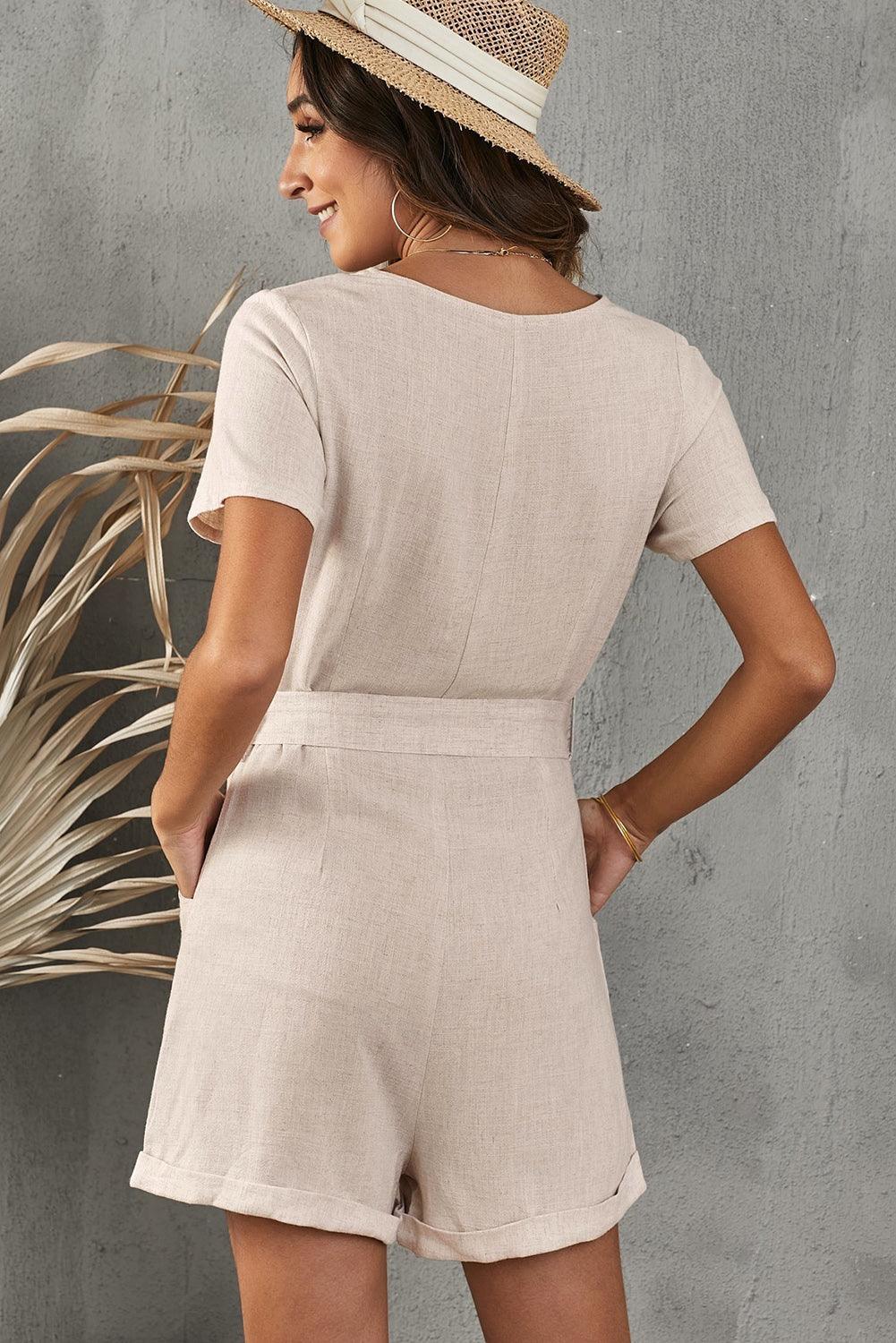 Spare Moment Short Sleeve Tie Waist Romper - MXSTUDIO.COM