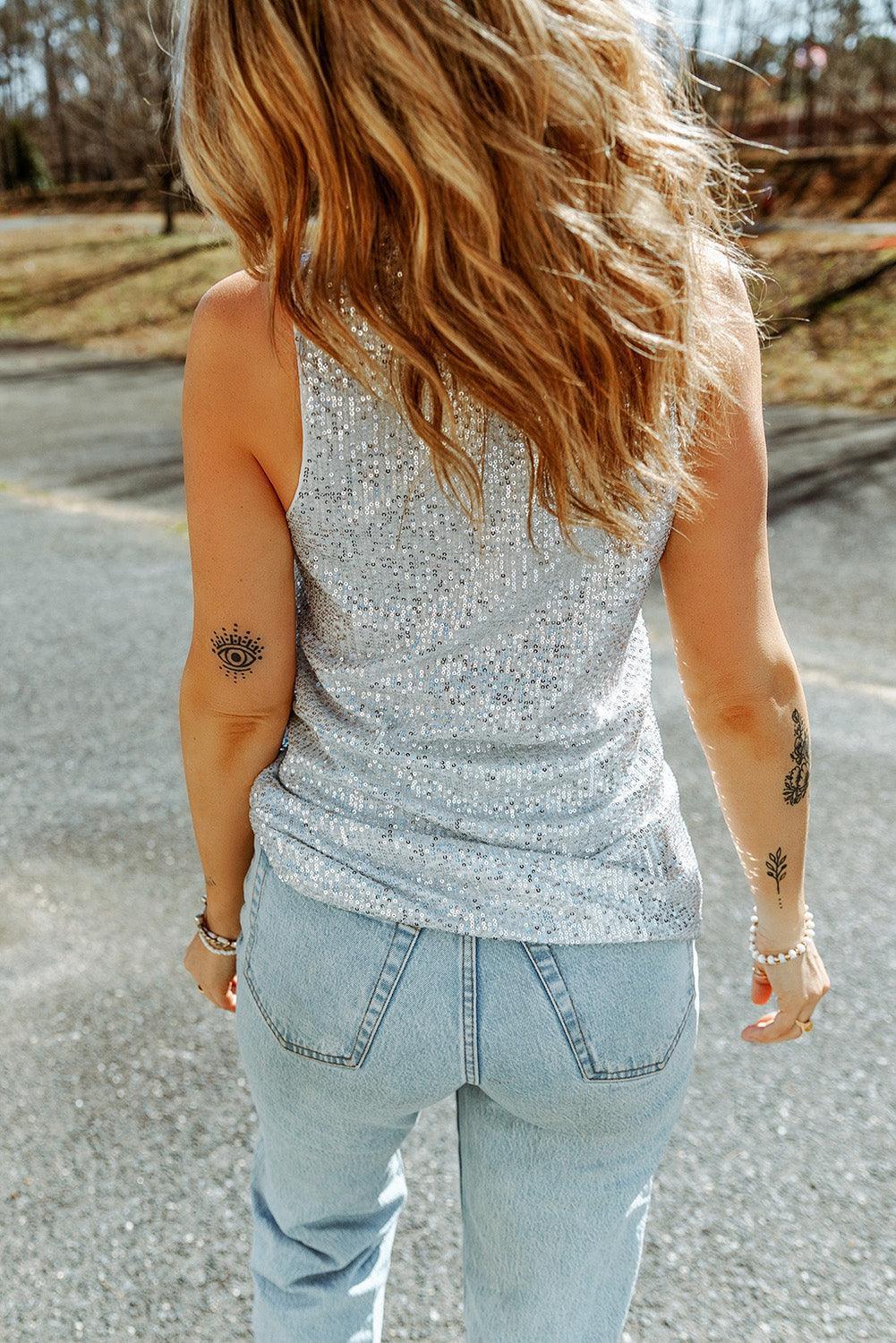 Sparkle And Shine Button Front Sequin Tank Top - MXSTUDIO.COM