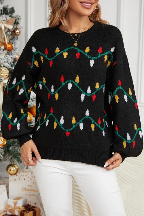 Sparkle And Shine Lantern Sleeve Christmas Light Sweater-MXSTUDIO.COM