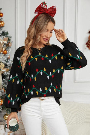 Sparkle And Shine Lantern Sleeve Christmas Light Sweater-MXSTUDIO.COM