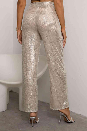 Sparkle And Shine Tie Waist Sequin Straight Leg Pants - MXSTUDIO.COM