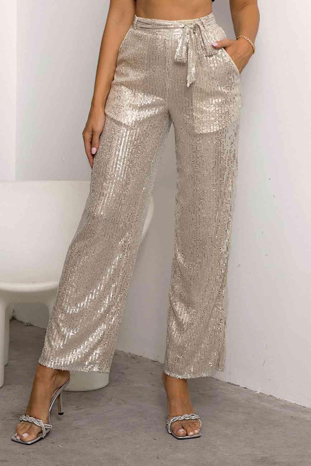 Sparkle And Shine Tie Waist Sequin Straight Leg Pants - MXSTUDIO.COM