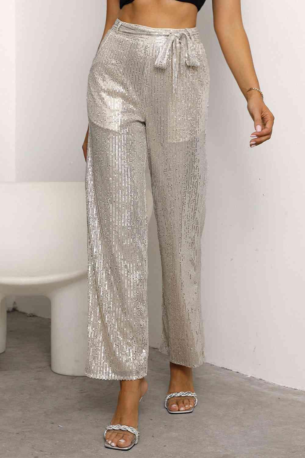 Sparkle And Shine Tie Waist Sequin Straight Leg Pants - MXSTUDIO.COM