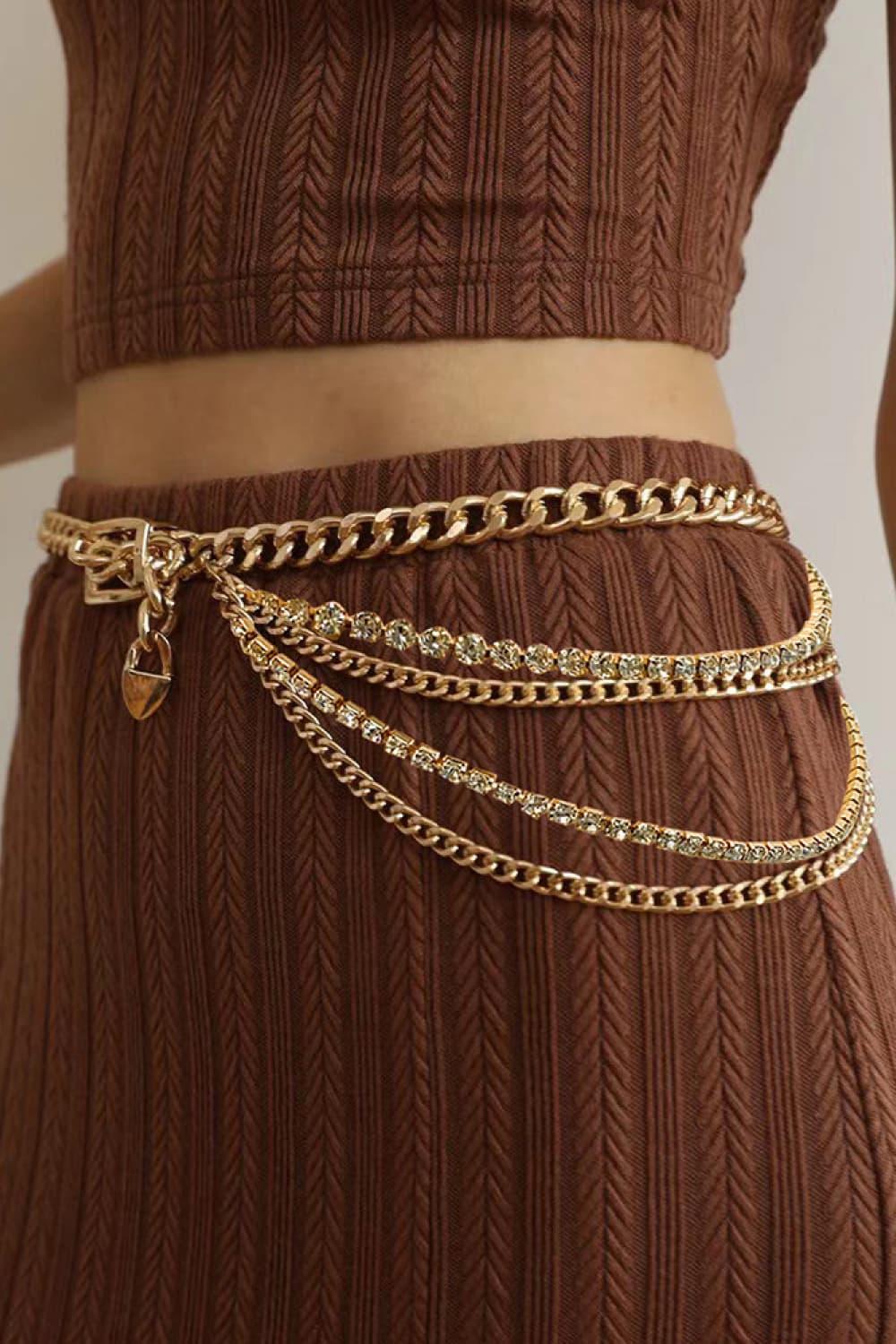 Sparkling Rhinestone Detail Metal Layered Chain Belt - MXSTUDIO.COM