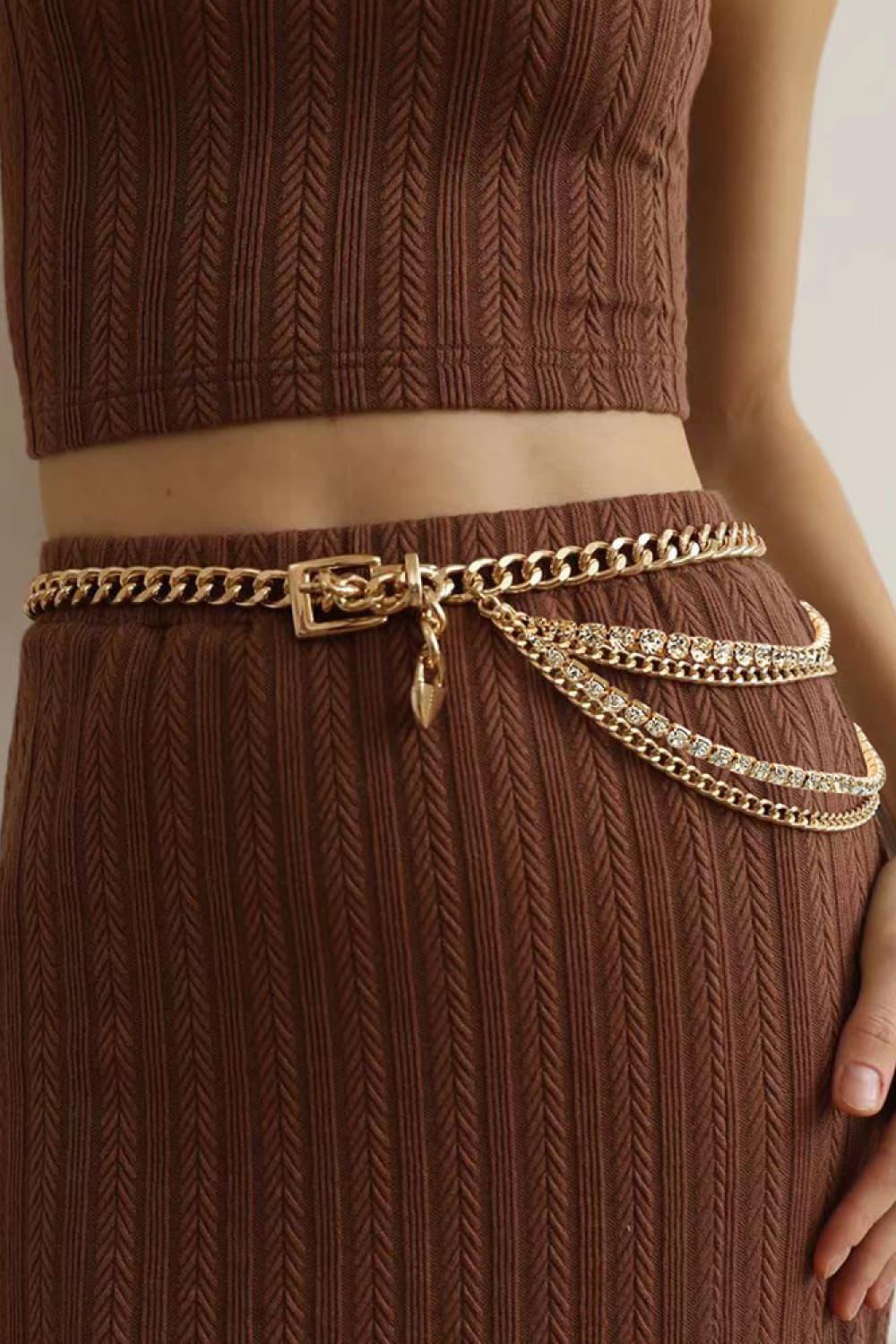 Sparkling Rhinestone Detail Metal Layered Chain Belt - MXSTUDIO.COM