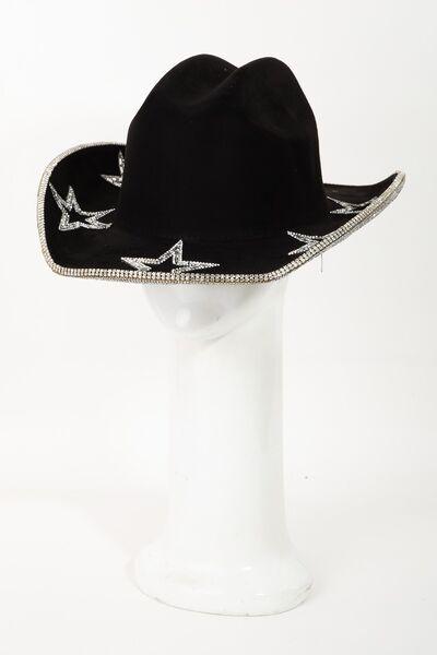 a black cowboy hat with white birds on it
