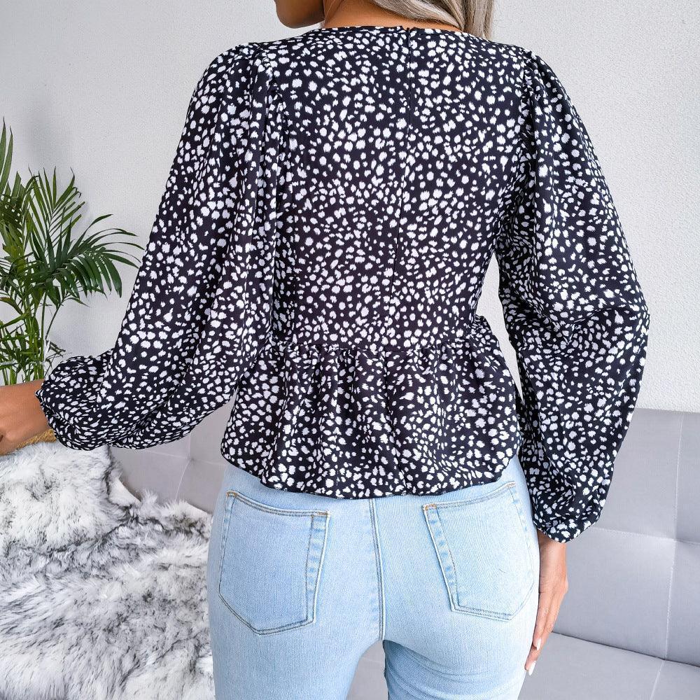 Special Printed V-Neck Peplum Blouse - MXSTUDIO.COM