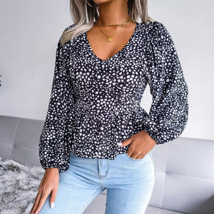 Special Printed V-Neck Peplum Blouse - MXSTUDIO.COM