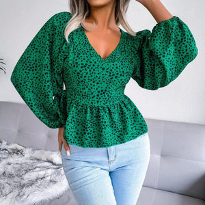 Special Printed V-Neck Peplum Blouse - MXSTUDIO.COM