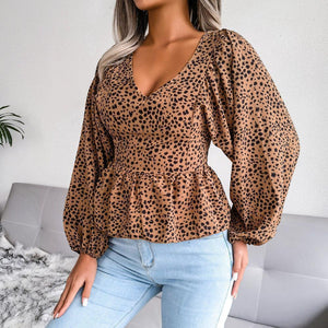 Special Printed V-Neck Peplum Blouse - MXSTUDIO.COM