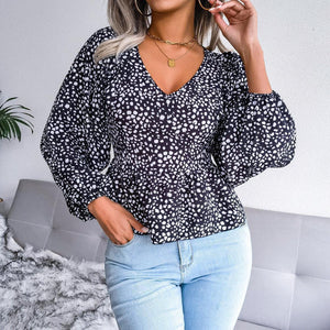 Special Printed V-Neck Peplum Blouse - MXSTUDIO.COM