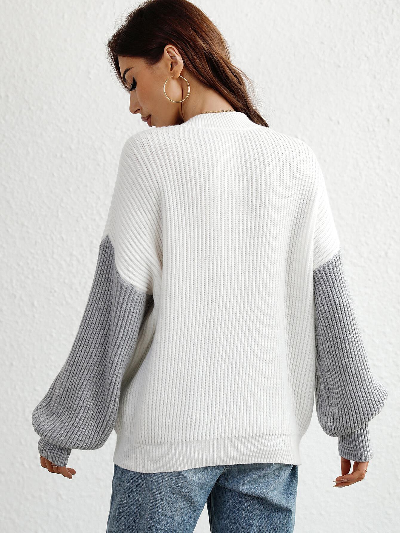 Spectacular Two-Tone Dropped Shoulder Rib Knit Sweater - MXSTUDIO.COM