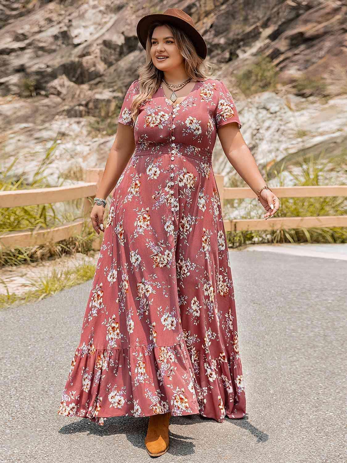 Splendid Ruffle Hem Plus Size Floral Print Dress - MXSTUDIO.COM