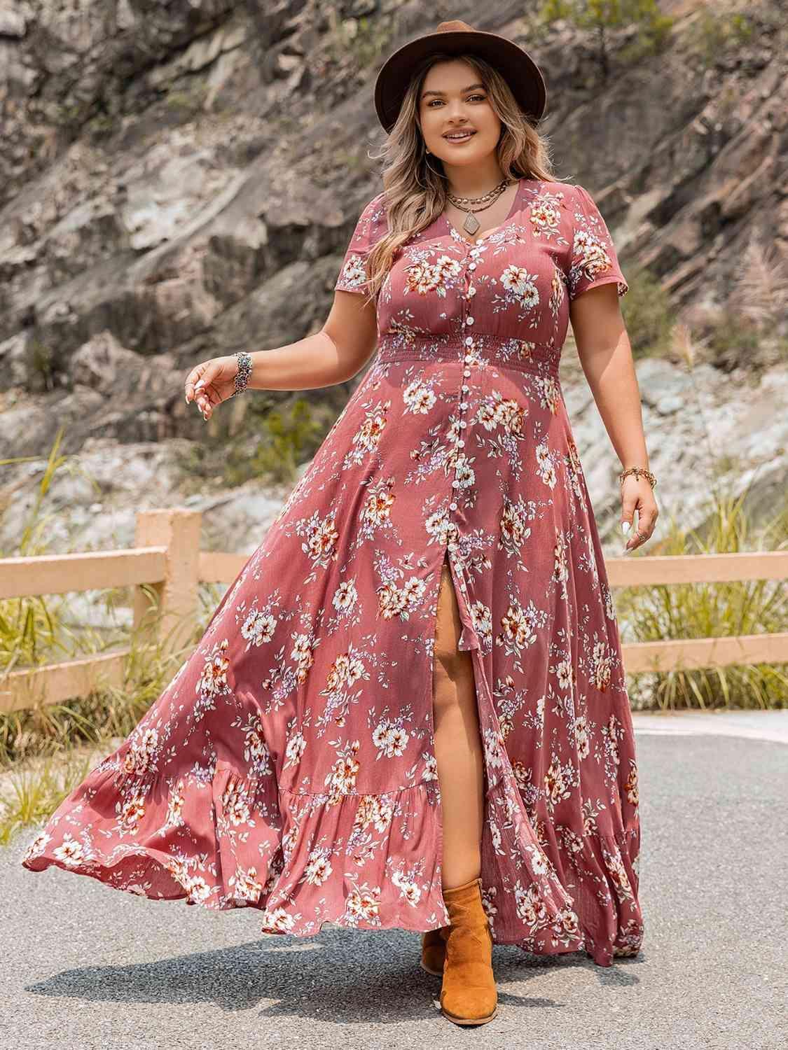 Splendid Ruffle Hem Plus Size Floral Print Dress - MXSTUDIO.COM