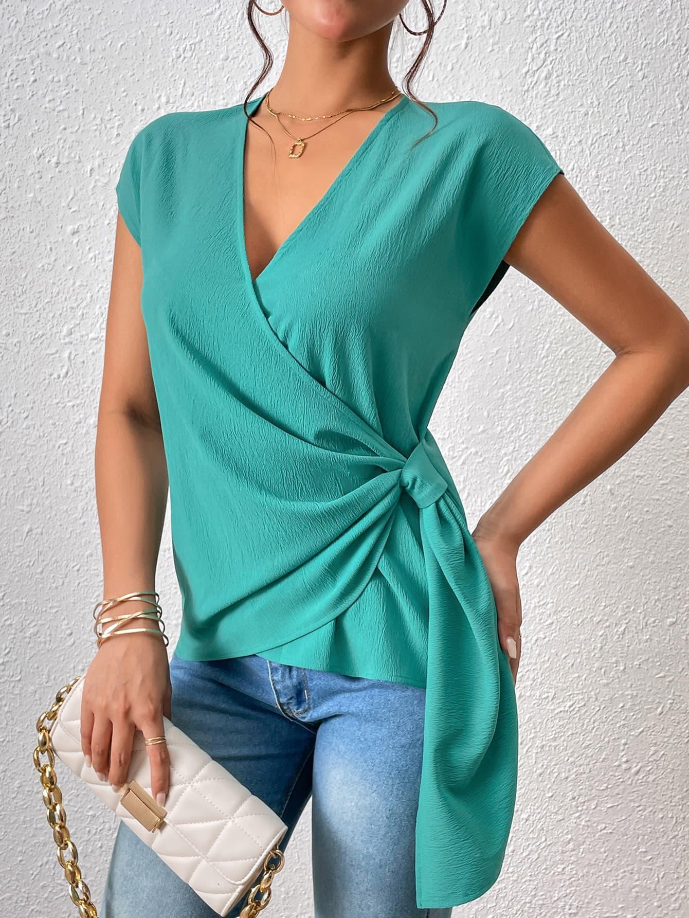 Splendid Tied Short Sleeve Surplice Blouse - MXSTUDIO.COM