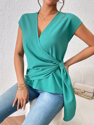 Splendid Tied Short Sleeve Surplice Blouse - MXSTUDIO.COM